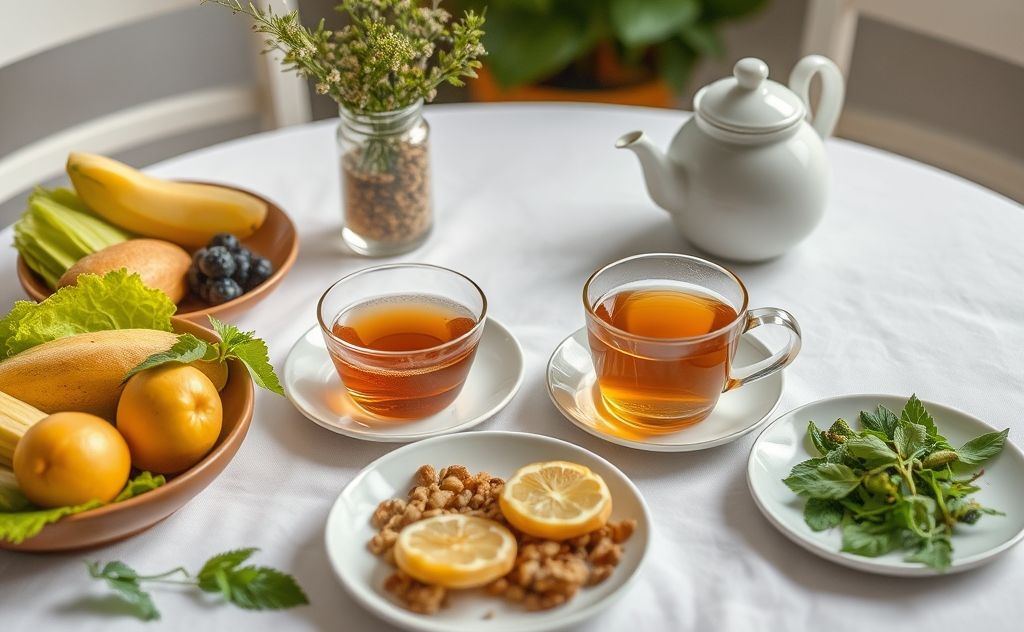 A serene table setting with fresh, wholesome foods and herbal tea.