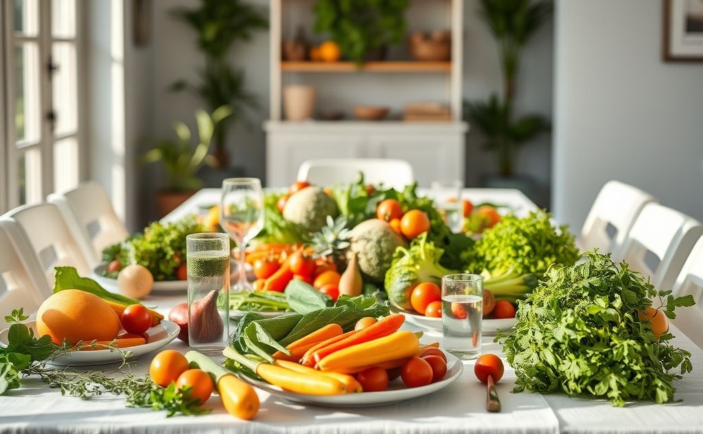 A serene table setting with vibrant, fresh ingredients and plants.