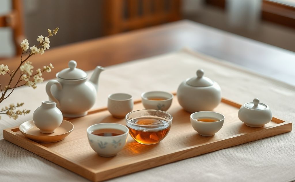 A serene tea ceremony setup with traditional teaware and calming elements.