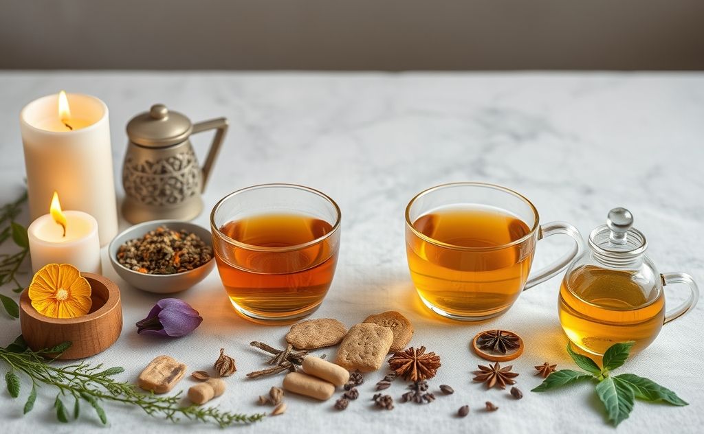 A serene tea setup with herbal ingredients and chakra symbols.