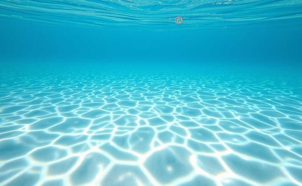 A serene underwater scene with colorful chakra symbols and gentle waves.