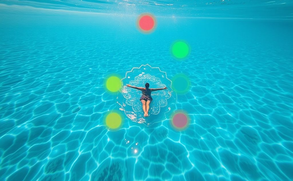 A serene underwater scene with colorful chakra symbols surrounding a swimmer.