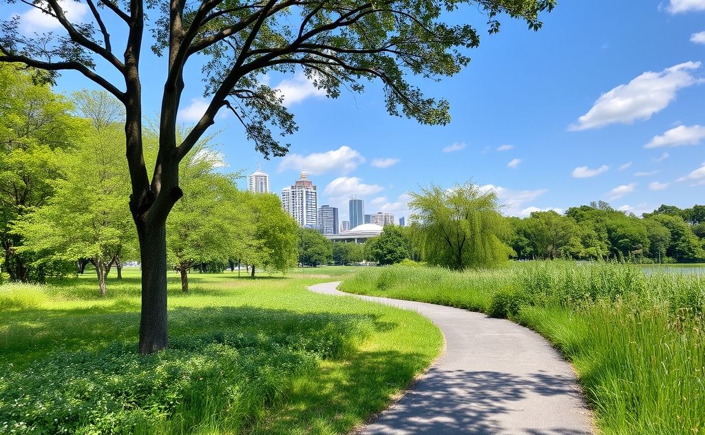 A serene urban park with birdwatching trails and lush greenery.