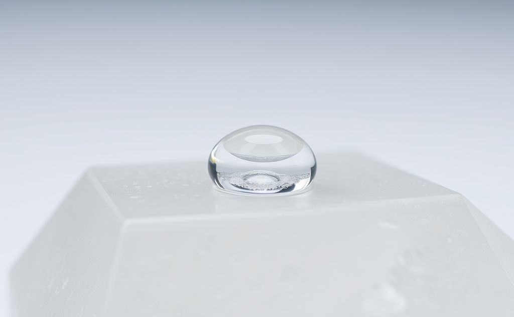 A serene water droplet resting on a smooth crystal representing hydration.