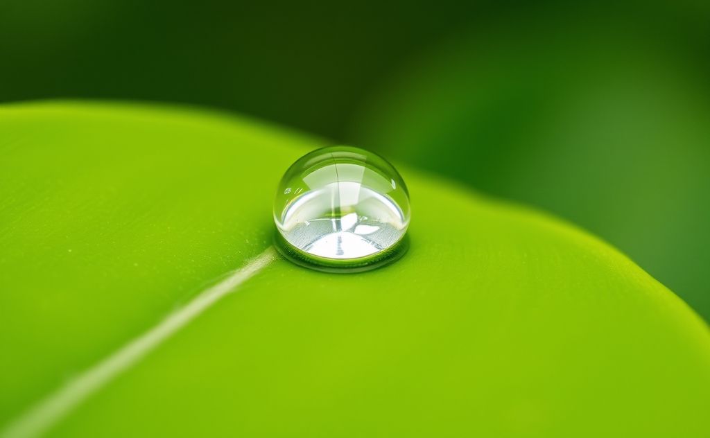 A serene water droplet resting on a vibrant green leaf.