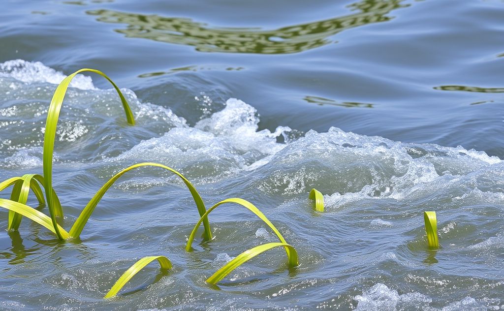 A serene water scene with flowing currents and flexible aquatic plants.