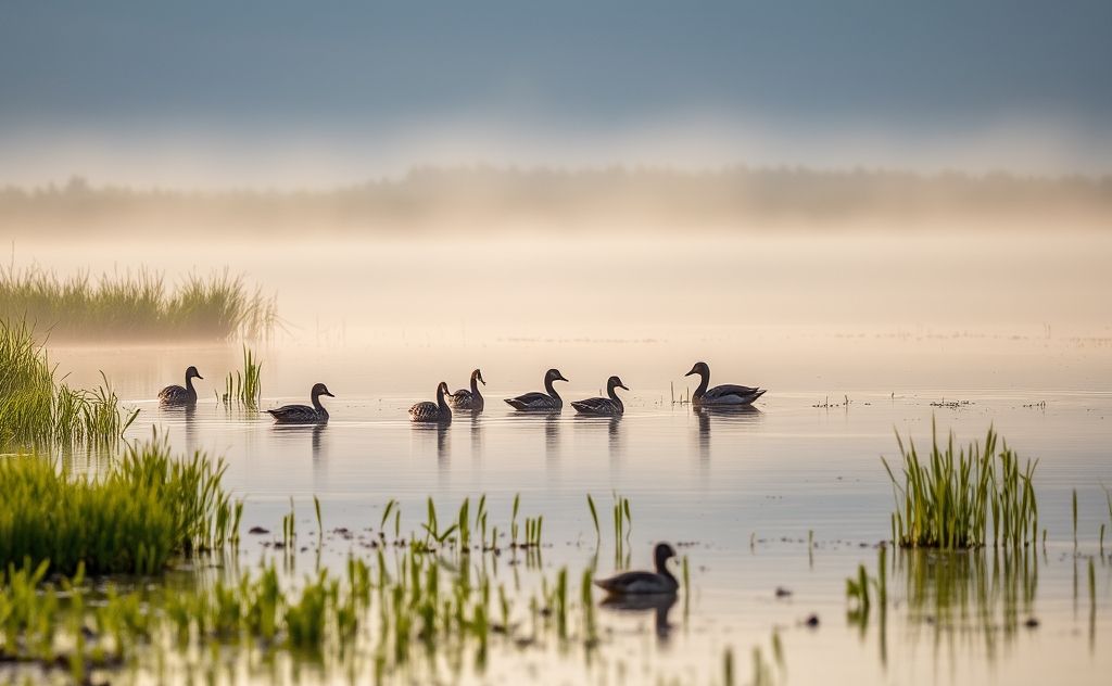 A serene wetland scene with waterbirds resting on the water's surface.