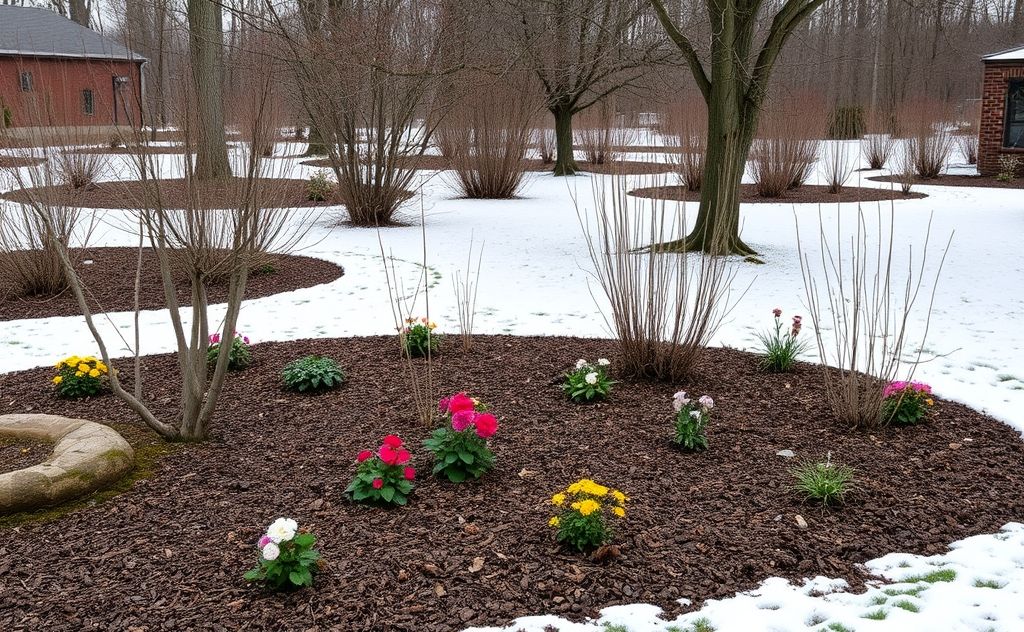 A serene winter garden with mulched flower beds and bare trees.