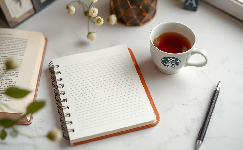 A serene workspace with a journal and a cup of tea, promoting focus.