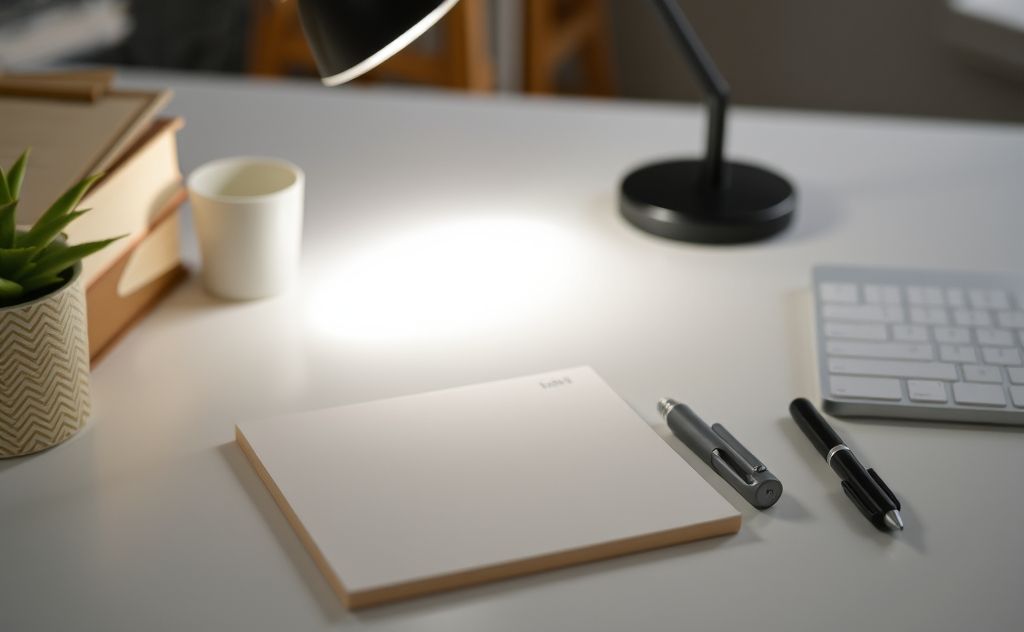 A serene workspace with a notepad and a focused light beam.