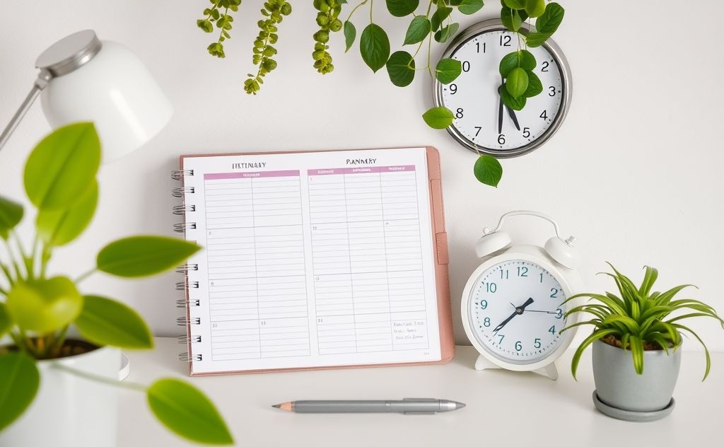 A serene workspace with a planner, clock, and calming plants.