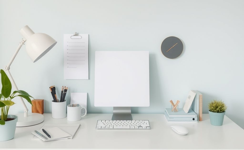 A serene workspace with neatly arranged items and calming colors.
