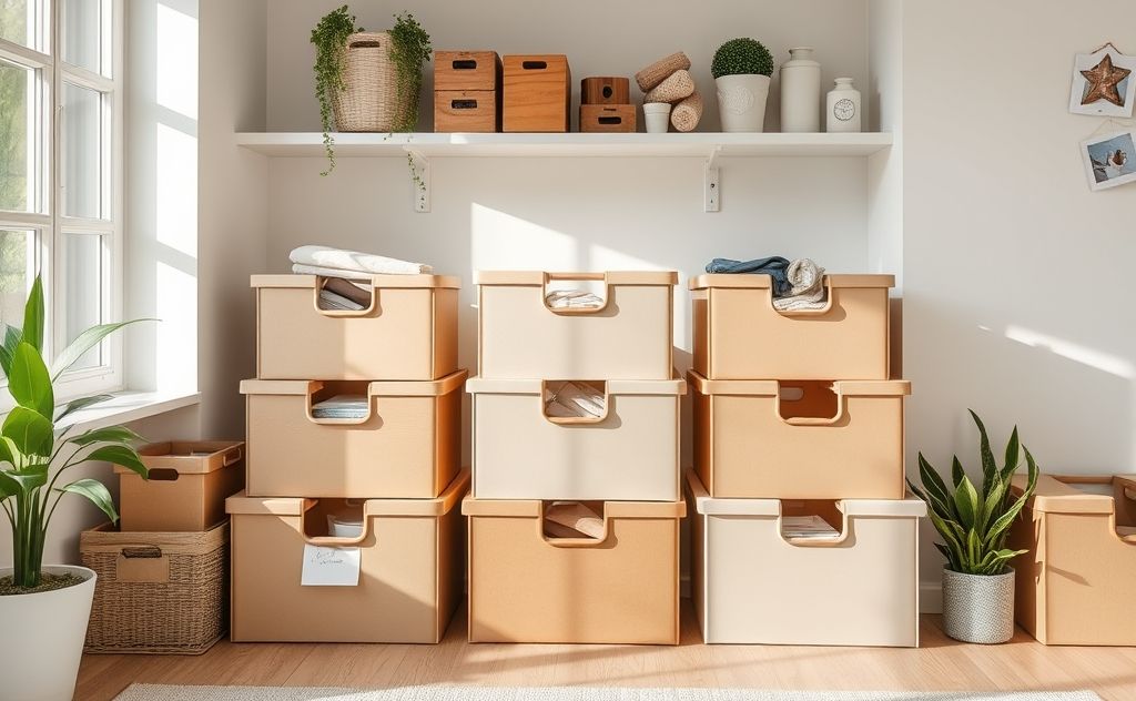 A serene workspace with neatly organized boxes for decluttering.