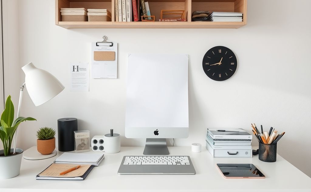A serene workspace with neatly organized items and minimal clutter.