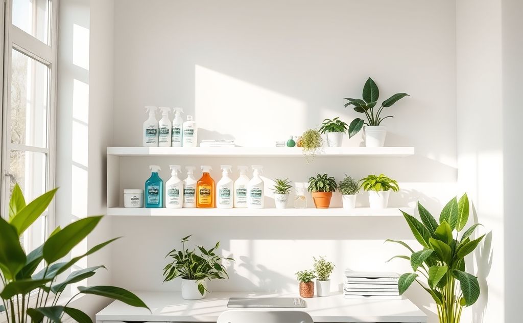A serene workspace with organized cleaning supplies and plants.