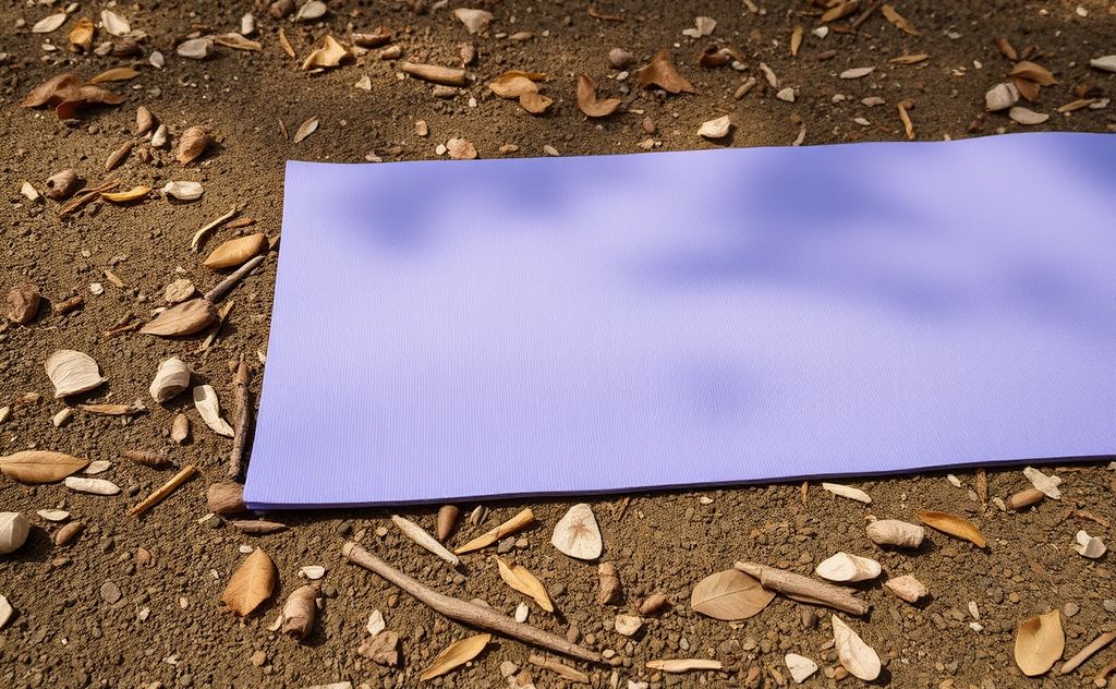 A serene yoga mat on the ground surrounded by earthy elements.