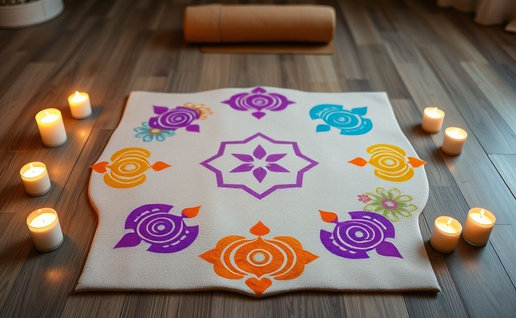 A serene yoga mat surrounded by colorful chakra symbols and candles.