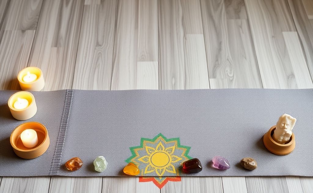 A serene yoga mat surrounded by colorful chakra symbols and crystals.