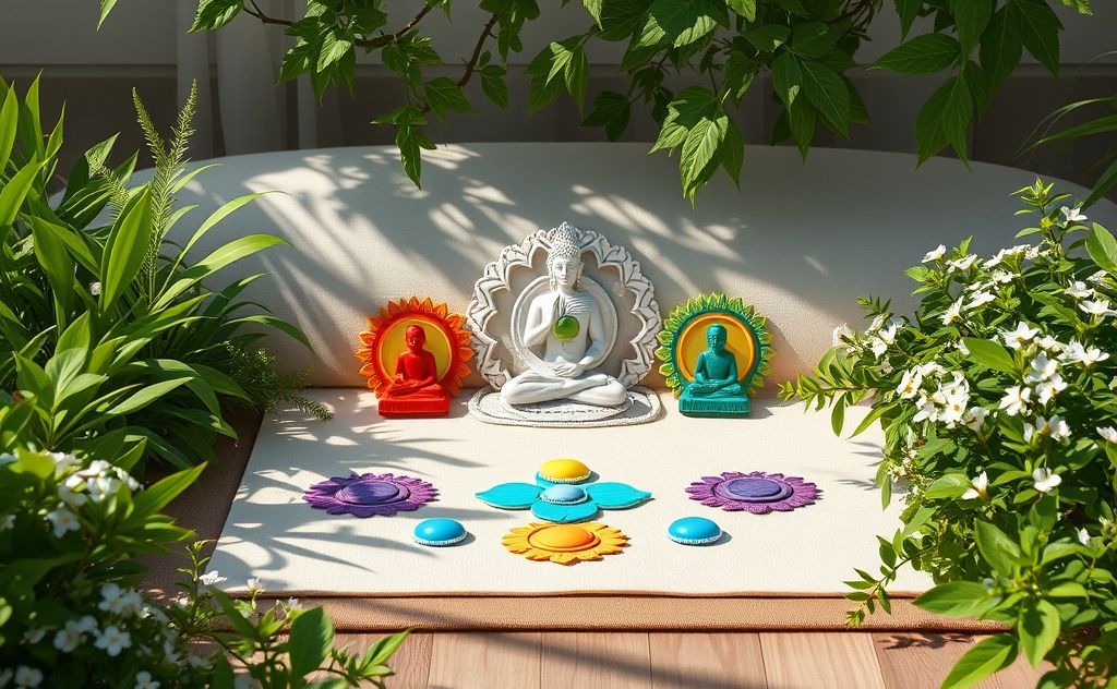 A serene yoga mat surrounded by colorful chakra symbols and plants