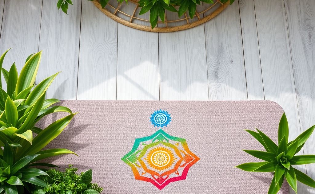 A serene yoga mat surrounded by colorful chakra symbols and plants.