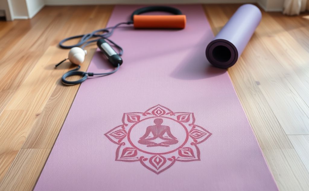 A serene yoga mat with chakra symbols and Pilates equipment.