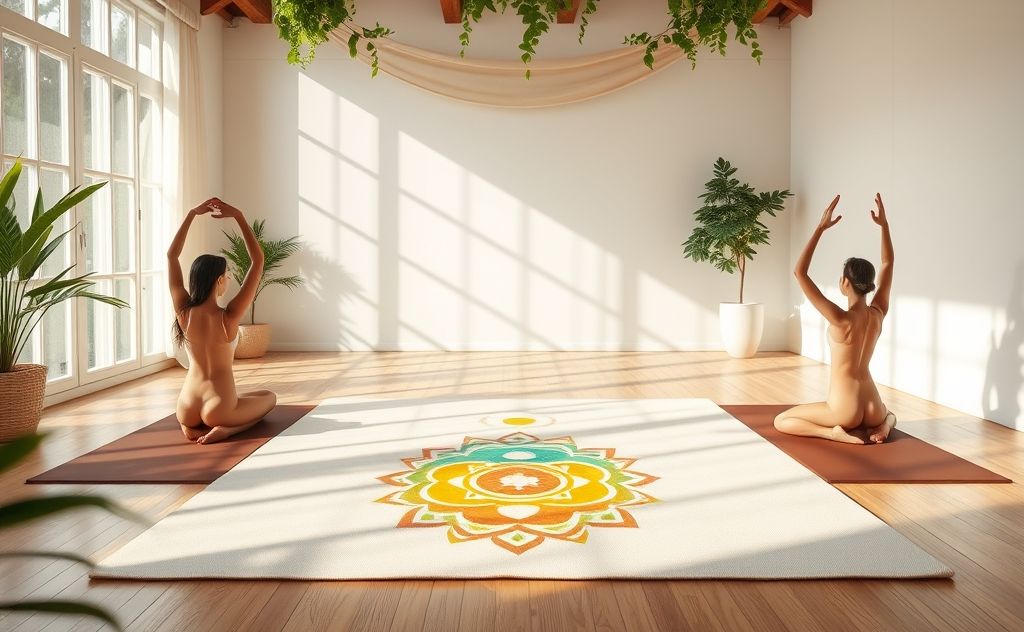 A serene yoga mat with chakra symbols and gentle stretching poses.