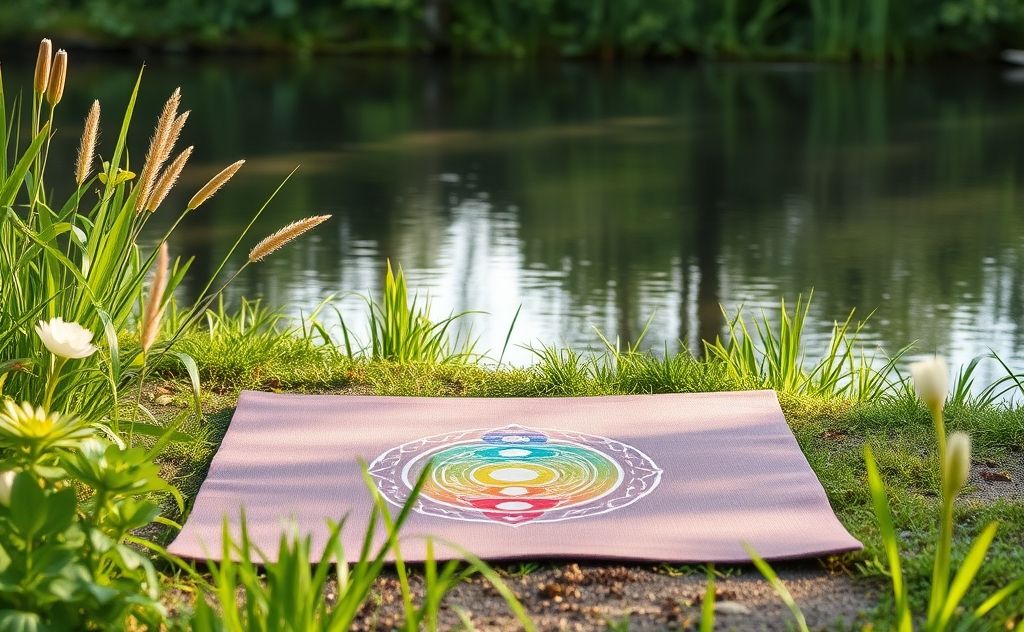 A serene yoga mat with chakra symbols surrounded by calming nature.