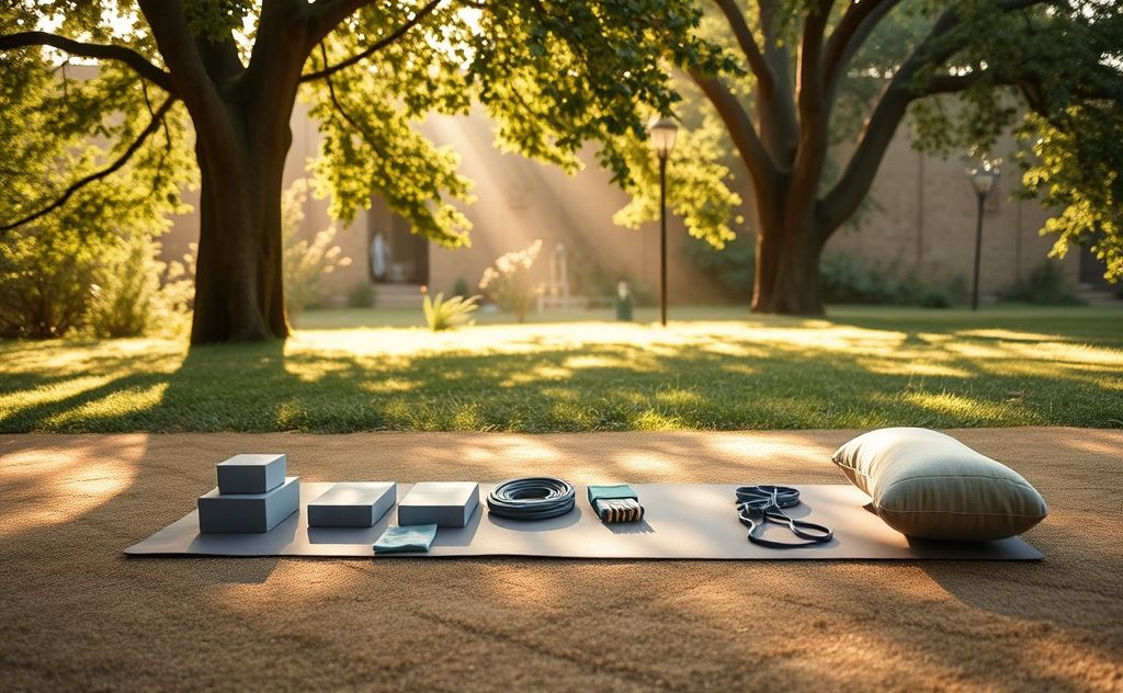 A serene yoga mat with essential props in a tranquil setting.