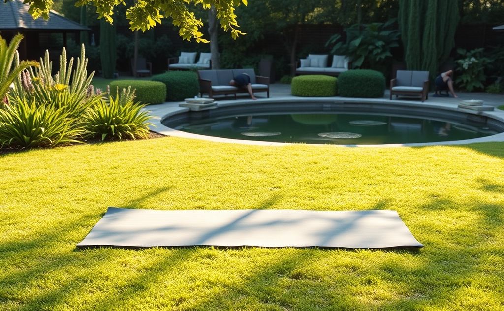 A serene yoga mat with various grounding poses in a tranquil setting.