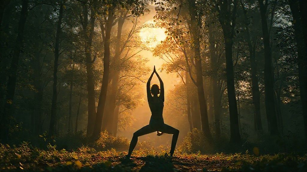 A serene yoga pose in a moonlit forest clearing, soft golden light filtering through leaves. Mystic, ethereal, 4k, cinematic lighting.