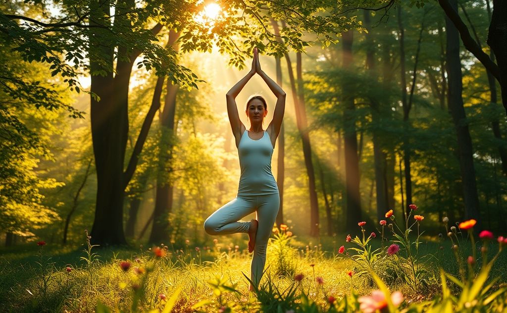 A serene yoga pose surrounded by nature, symbolizing mind-body harmony.