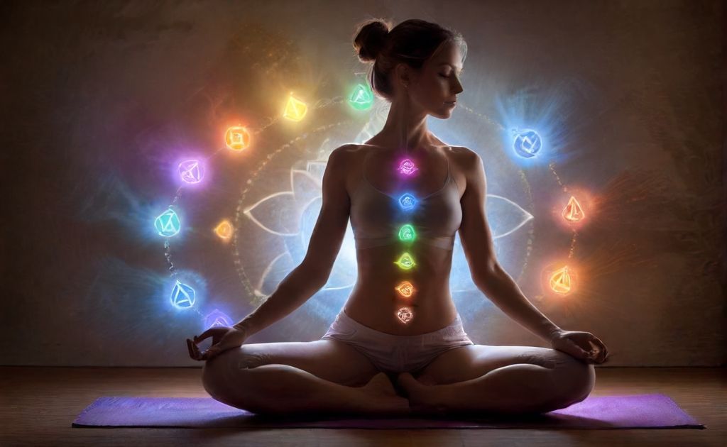 A serene yoga pose with chakra symbols glowing around a person.
