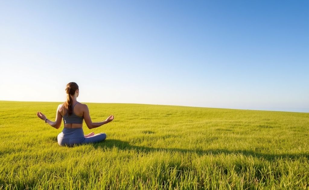 A serene yoga scene with a person meditating on a grassy field.