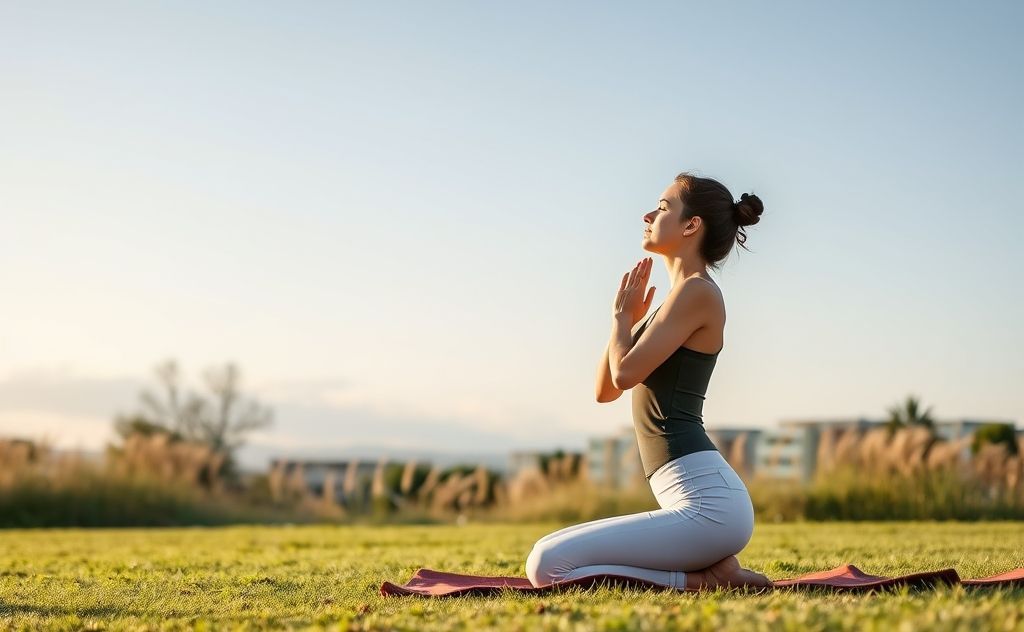 A serene yoga scene with a person practicing breath awareness outdoors.