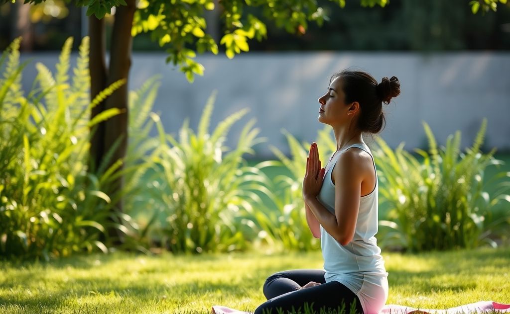 A serene yoga scene with a person practicing deep breathing outdoors.