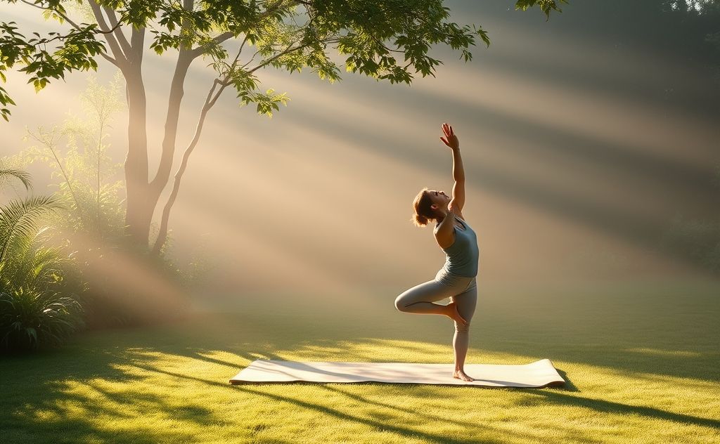 A serene yoga scene with a person practicing on a peaceful mat.