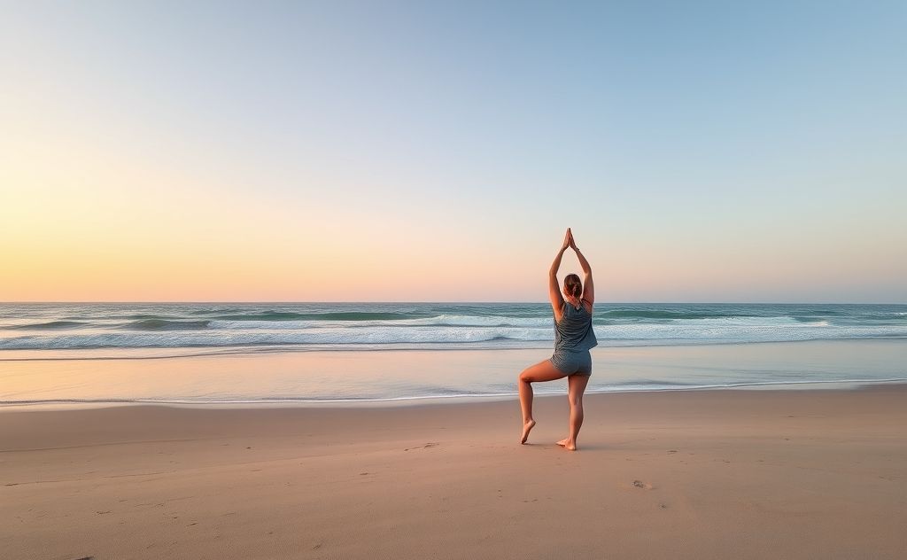 A serene yoga scene with a person practicing on a tranquil beach.