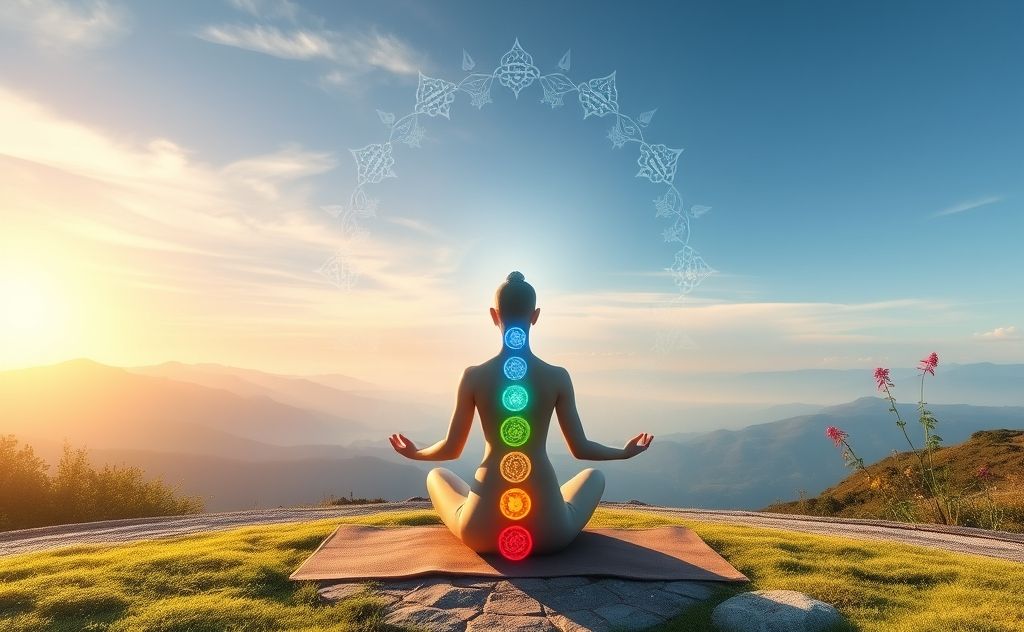 A serene yoga scene with chakra symbols and nature elements.