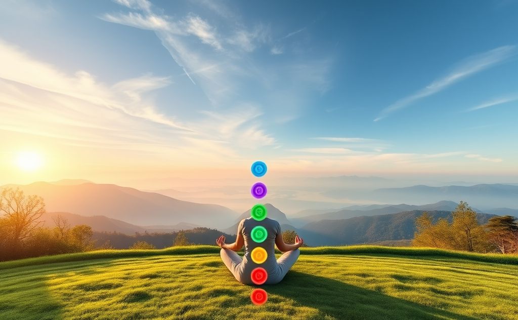 A serene yoga scene with colorful chakra symbols and calming nature.