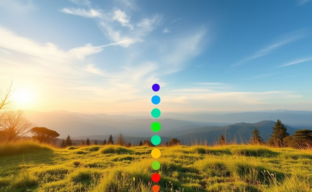 A serene yoga scene with colorful chakra symbols in nature.