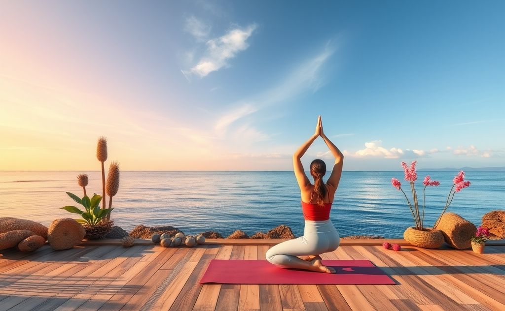 A serene yoga scene with vibrant colors and natural elements.