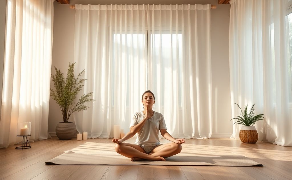 A serene yoga setting with a person practicing deep breathing.