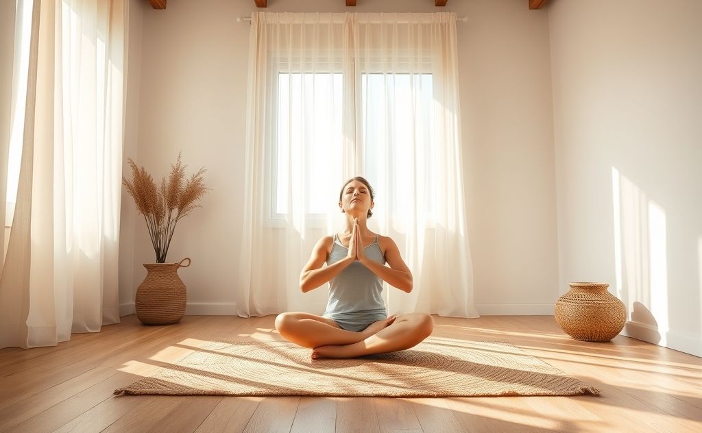 A serene yoga setting with a person practicing pranayama breathing.