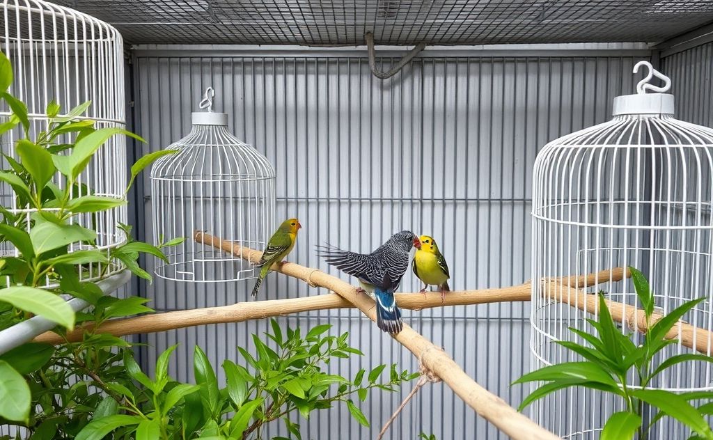 A serene zebra finch habitat with strategically placed cages and greenery.