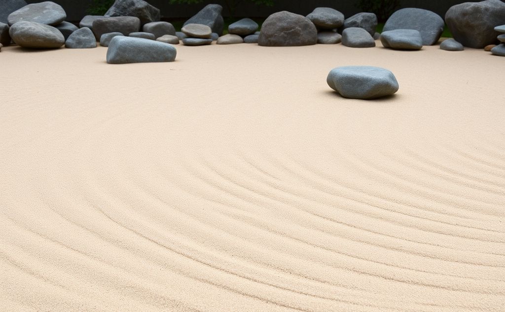 A serene zen garden with raked sand and smooth stones.