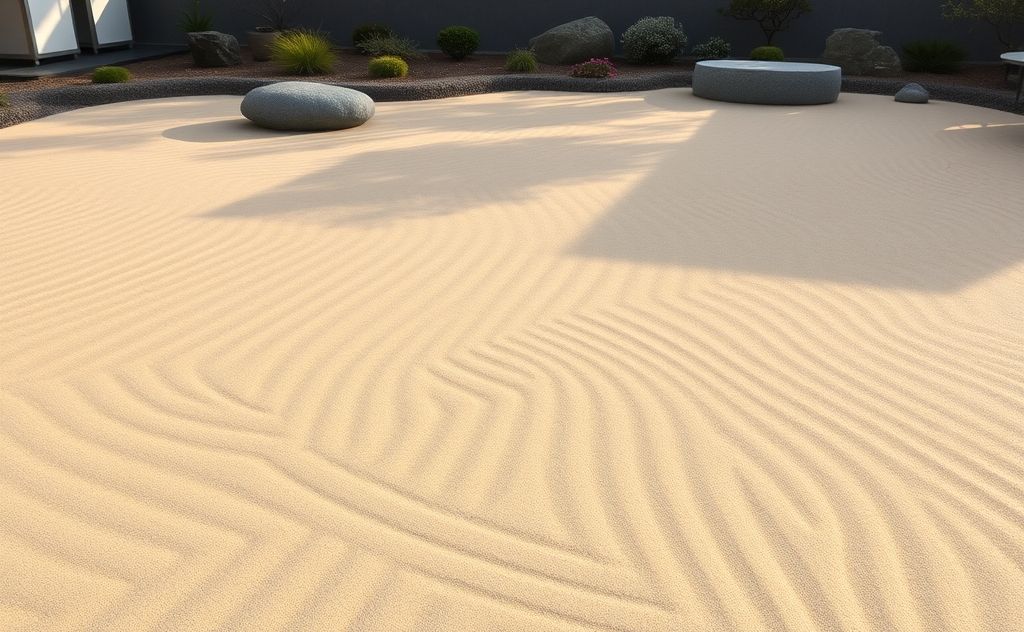 A serene zen garden with raked sand and tranquil reflections.