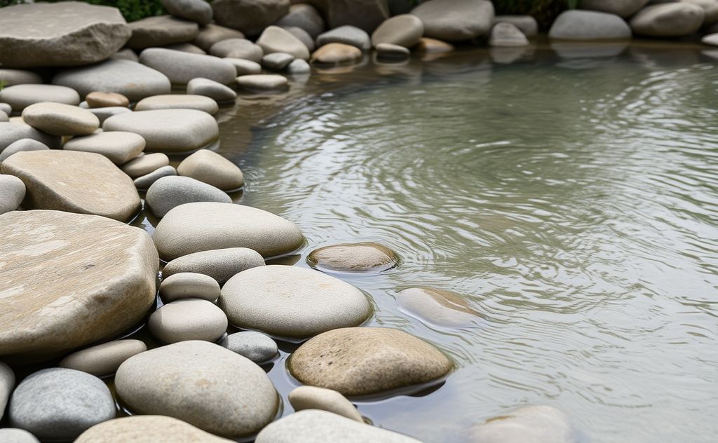 A serene zen garden with smooth stones and gentle rippling water.
