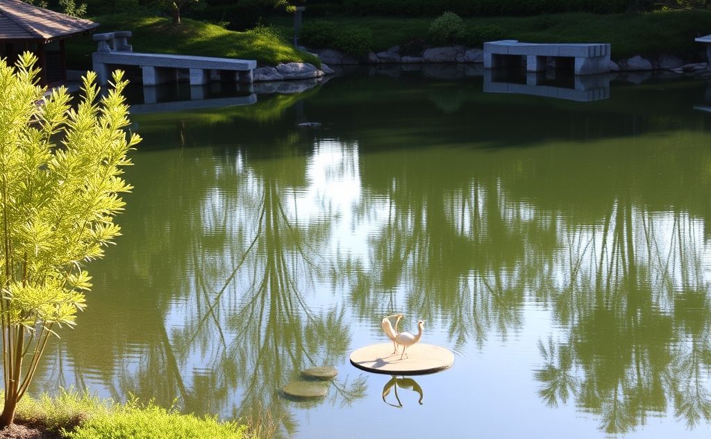 A serene zen garden with tranquil reflections on still water.