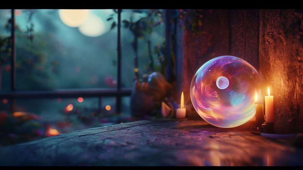 A serene, candlelit corner bathed in soft moonlight. A floating, translucent orb representing the new moon cradles swirling colors of emotion. Mystic and ethereal, 4k, cinematic.
