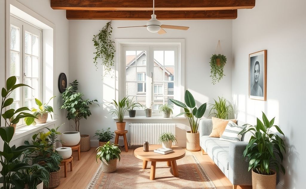 A serene, clutter-free home filled with plants and natural light.